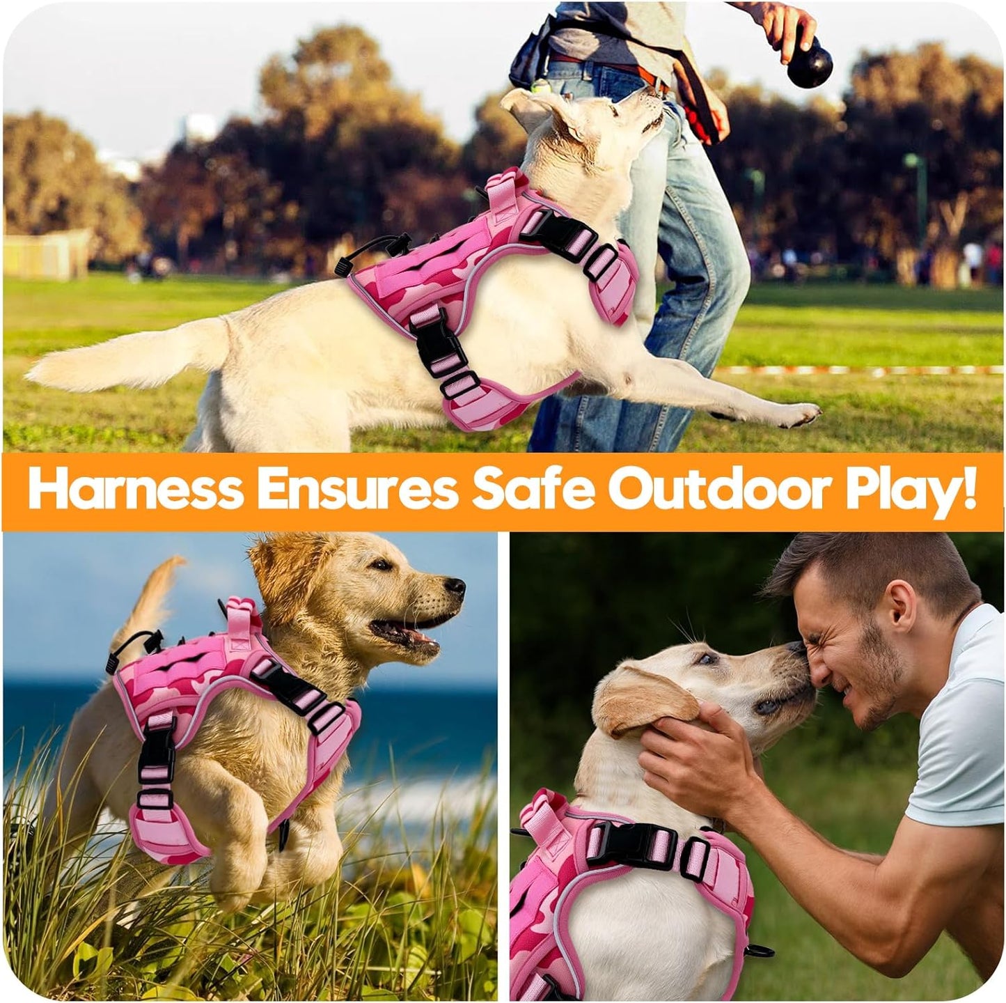 Heavy-Duty Tactical Dog Harness for Large Dogs, No Pull Adjustable Reflective Pet Vest with Molle System, K9 Military-Grade Control for Service Training, Outdoor & 10+ Breeds, Pink Camo, Medium