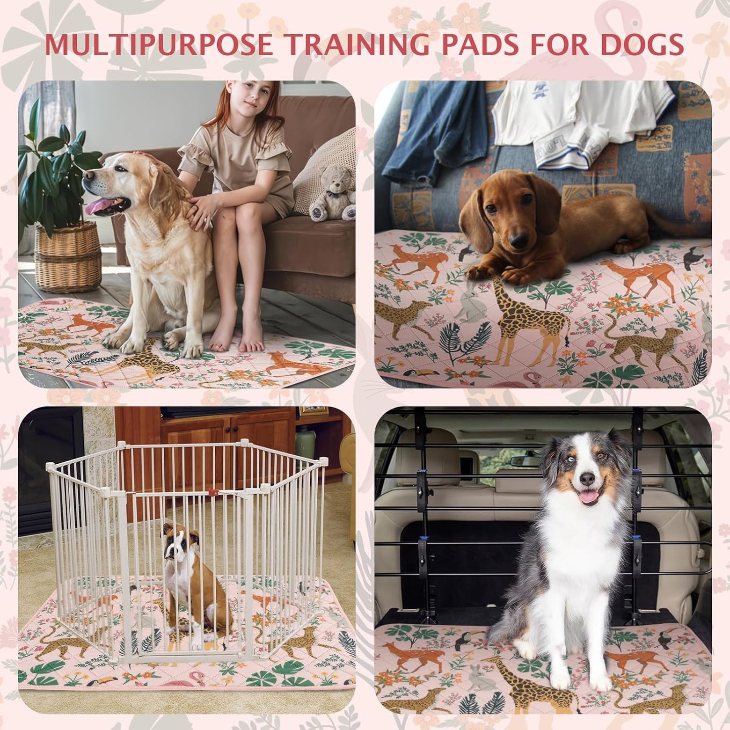 IEUUMLER Washable Pee Pads for Dogs, 2 Pack Forest Pattern Reusable Waterproof Puppy Pads, Non-Slip Super Absorbent Dog Training Pad for Playpen Crate Bed EU013 Pink Jungle, 48x36