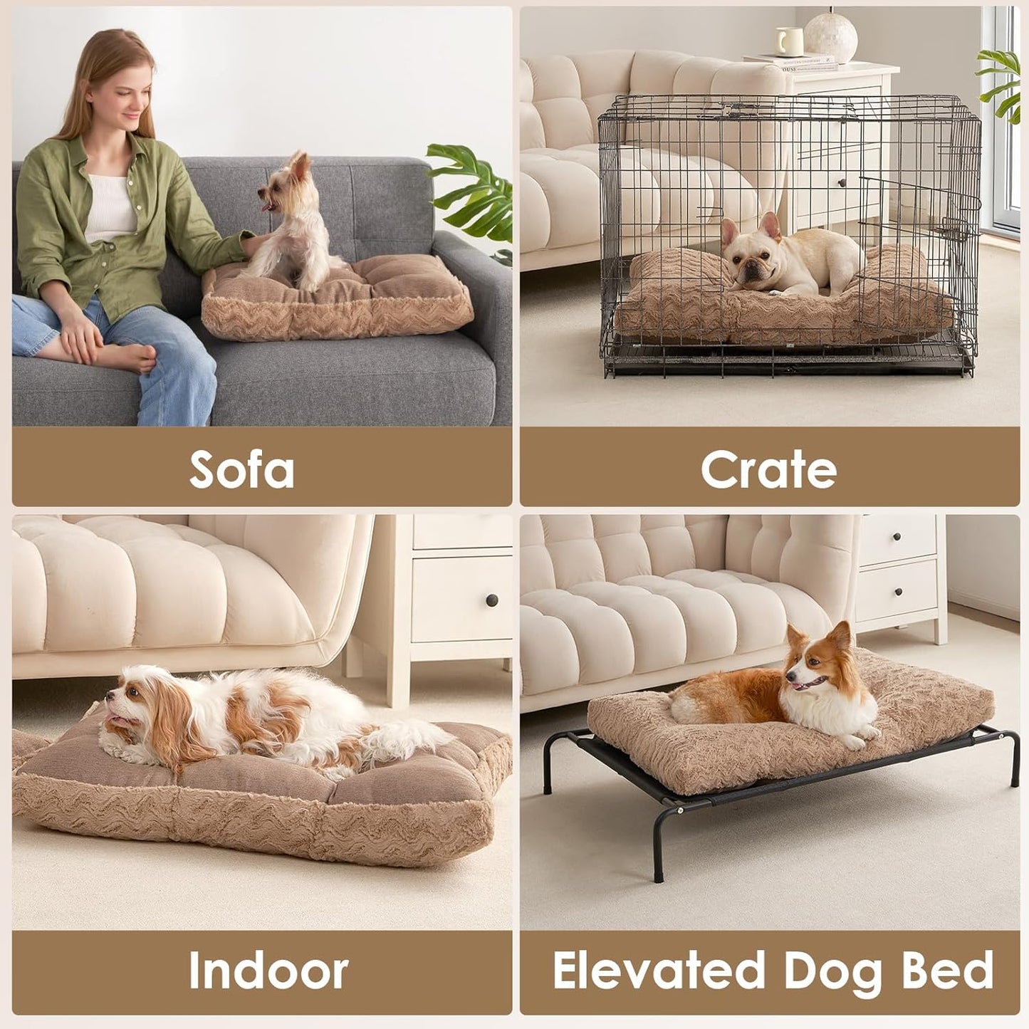 EHEYCIGA Reversible Dog Crate Bed Washable, Comfort Fluffy Plush Dog Kennel Pad for Extra Large Dogs, Deluxe Machine Washable XL Pet Sleeping Mats, 41" x 27"x 4", Camel