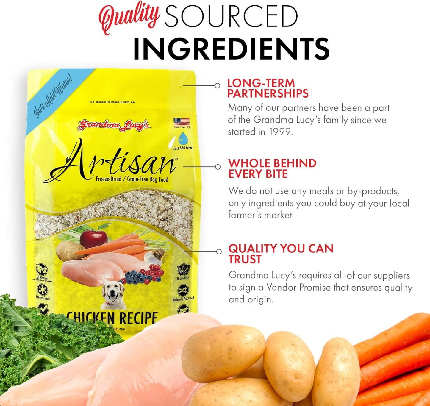 Grandma Lucy's Artisan Dog Food, Grain Free and Freeze-Dried - Artisan Chicken, 1Lb Bag