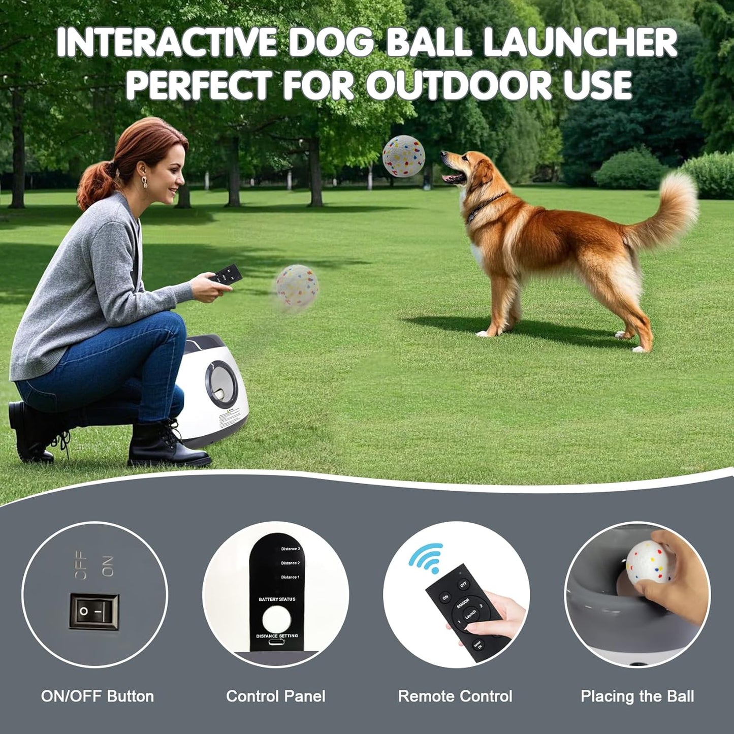 Automatic Dog Ball Launcher, Upgraded Interactive Dog Balls Thrower with 3 Distance 29Ft-79Ft, Remote Control Ball Launcher for Medium&Large Dogs, 5 Etpu Balls Included (Silver Grey