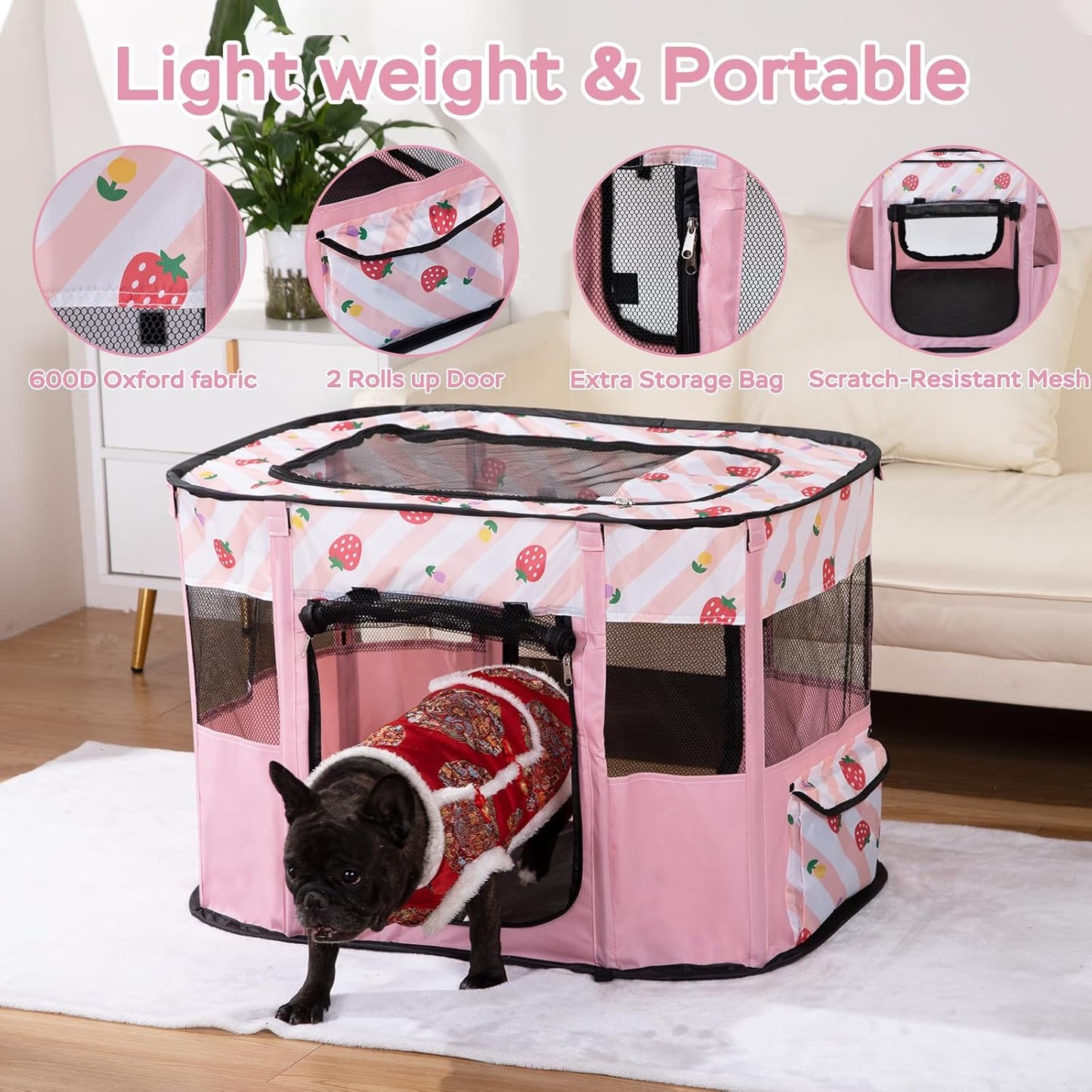 Dog and CAT pop Play Pen,Pets Houses for Dogs and Cats,Indoor&Outdoor Exercise Pen Dog Tent Puppy Playground Large (L, Pink)