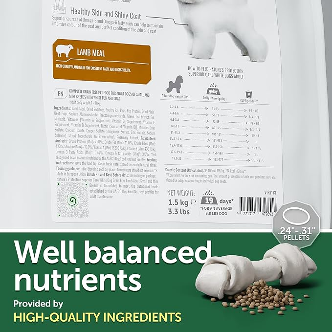 Nature's Protection Grain Free Dry Dog Food for Small Breed - High Protein Tear Stain Diet for Adult Dogs with Light Fur - Small Bites Kibble (Superior Care - Lamb, 3.3 lb)