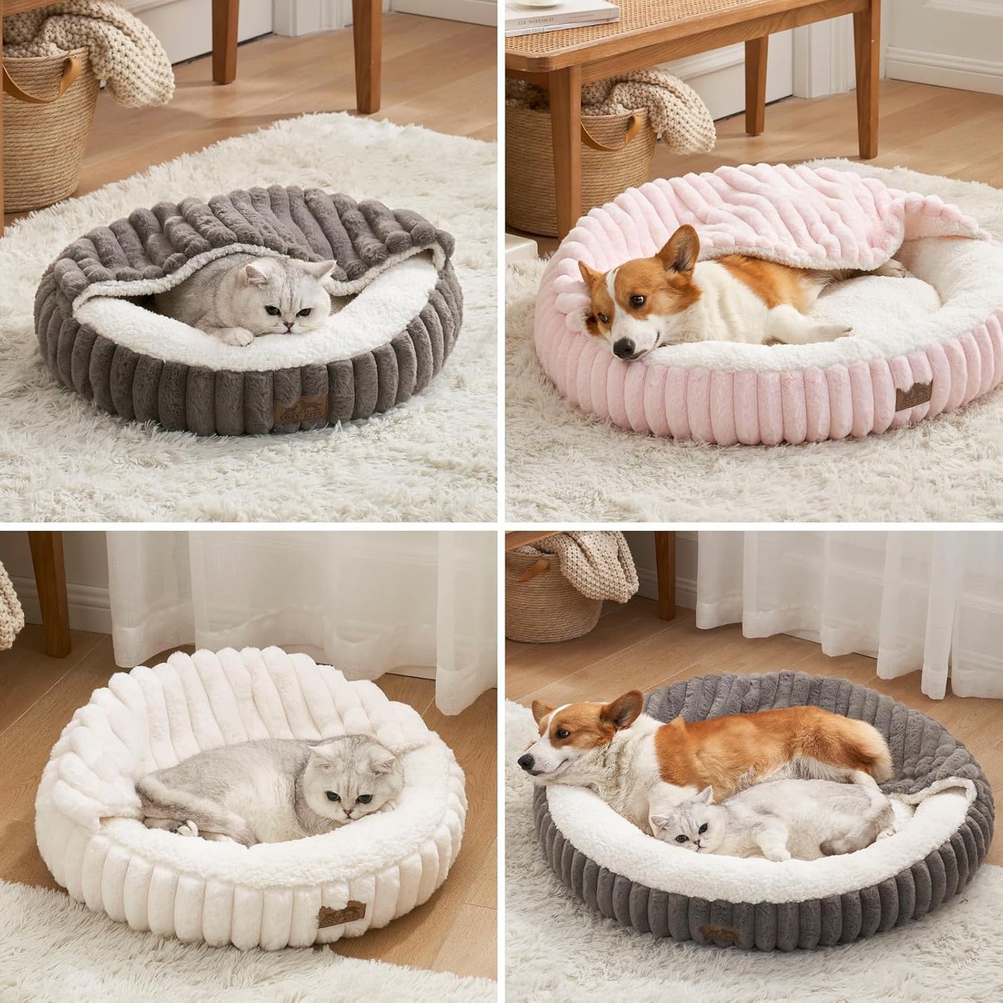 Dog Bed with Hooded Blanket, Round Fluffy Anti-Anxiety Pet Bed for Medium Dogs & Large Dogs, Cozy Donut Cuddler with Machine Washable Faux Fur & Anti-Slip Bottom(35"×35"×7",Cream)