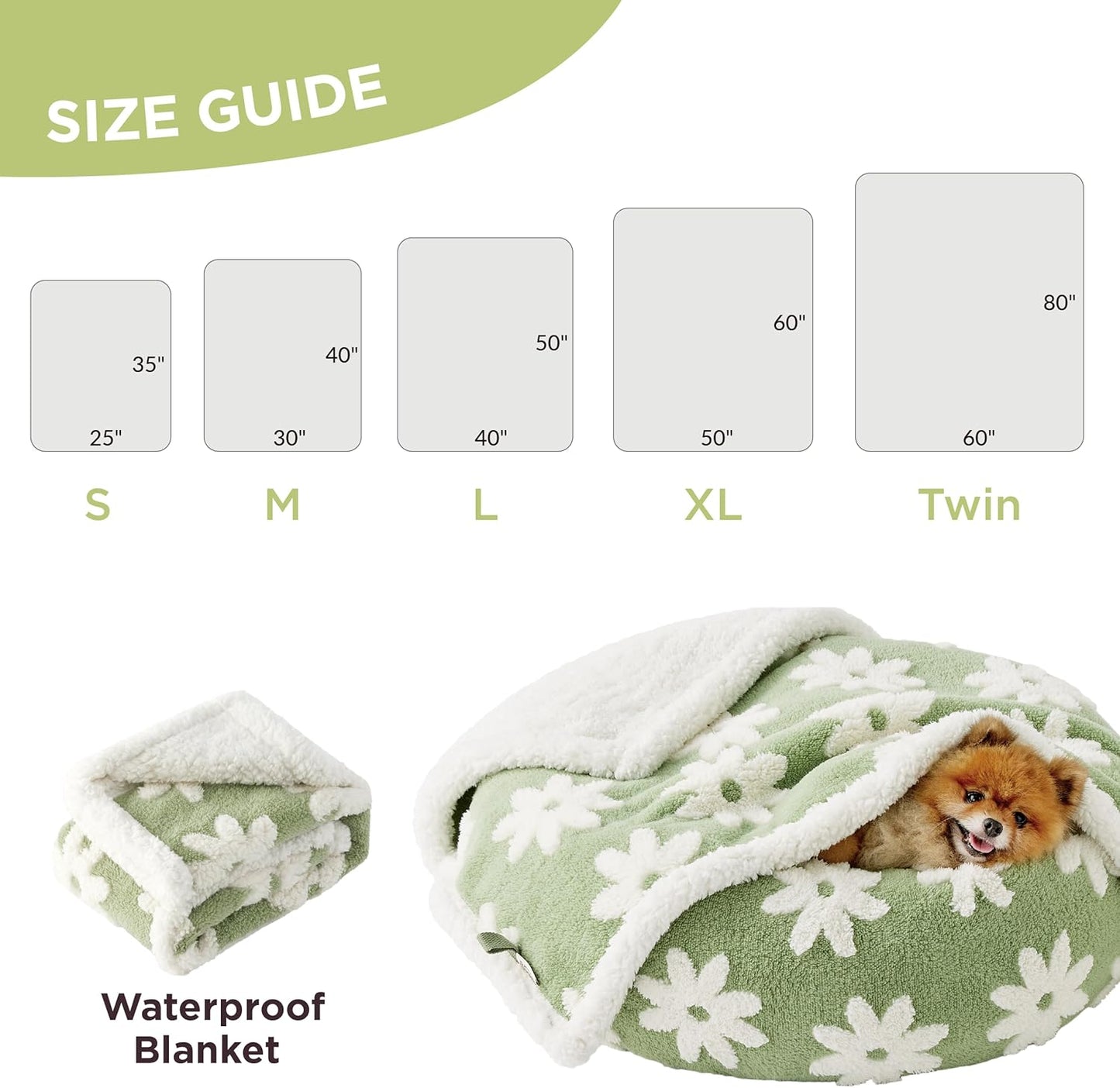LE SURE Waterproof Dog Blanket for Large Dogs - Washable Double Sided Dog Blankets with Warm Jacquard Shag and Soft Sherpa Fleece, Pet Cat Blanket for Couch Protection, 3D Textured Cloud, Green