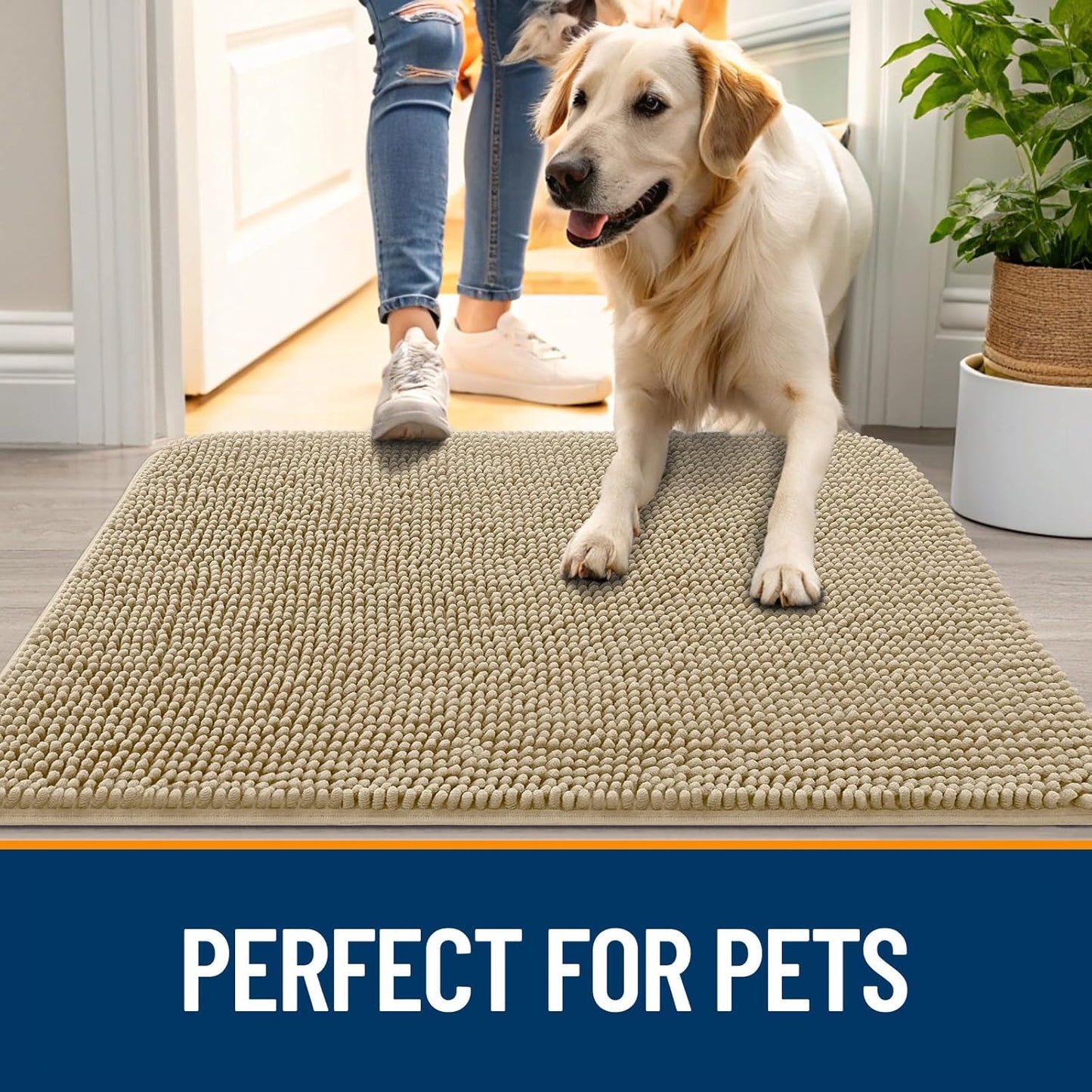 OLANLY Dog Door Mat for Muddy Paws 59x24, Absorbs Moisture and Dirt, Absorbent Non-Slip Washable Doormat, Quick Dry Chenille Mud Mat for Dogs, Entry Indoor Entryway Carpet for Inside Floor, Beige