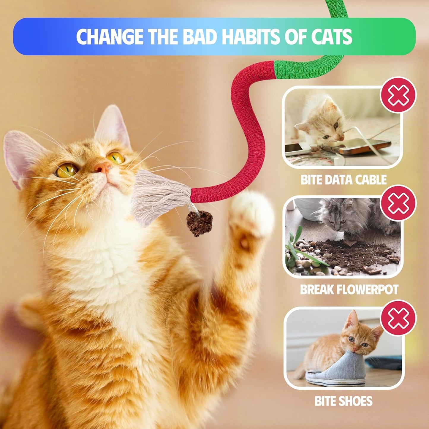 Cat Toys Chew Rope & Silvervine Sticks for Bored Indoor Adult Cats, 4Pcs Interactive Catnip Toys for Cats with Refillable Natural Catnip Bag for Teeth Cleaning