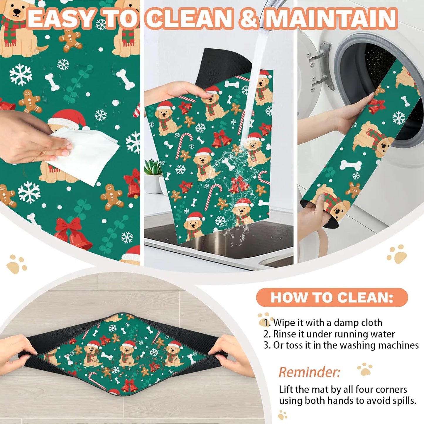 Dog Food Mat Absorbent Dog Cat Bowl Mat for Food and Water, Quick Dry Pet Feeding Placemats Non-Slip Feeding Mats Pet Supplies, Christmas Puppy, 24" x 32"