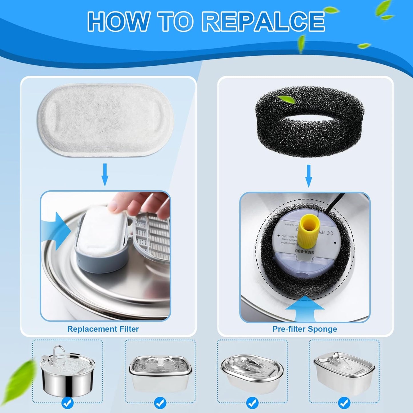 Cat Water Fountain Filters, 32 Pack Cat Replacement Filters for Stainless Steel 108oz/3.2L& 67oz/2L adjustable Flow Pet Water, Dog Fountain Filter(16+16 Pack)