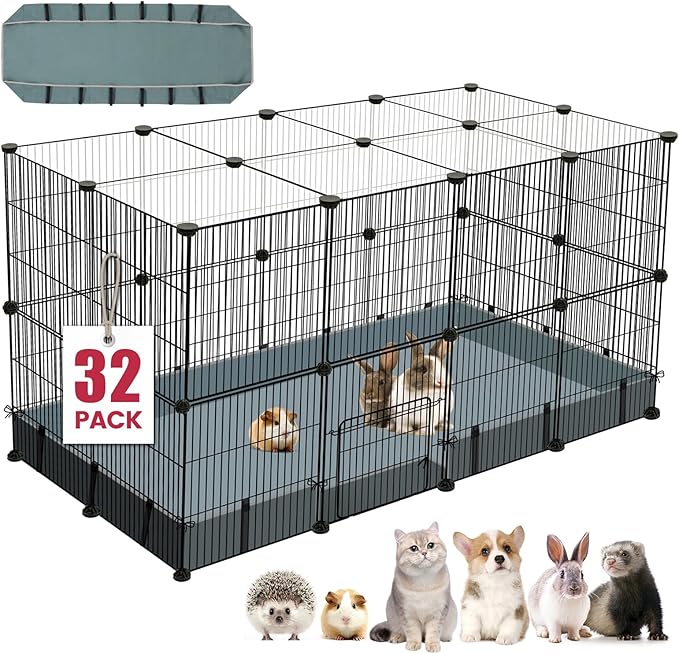 32 Panels Small Animal Playpen,47.5" x 23.7" x 31.5" Pet Playpen with Upgrade Waterproof Mat,C&C Cage for Guinea Pigs, Rabbit/Bunny Cage, Bunny/Puppy Play Pen, Indoor Outdoor Portable Metal Fence
