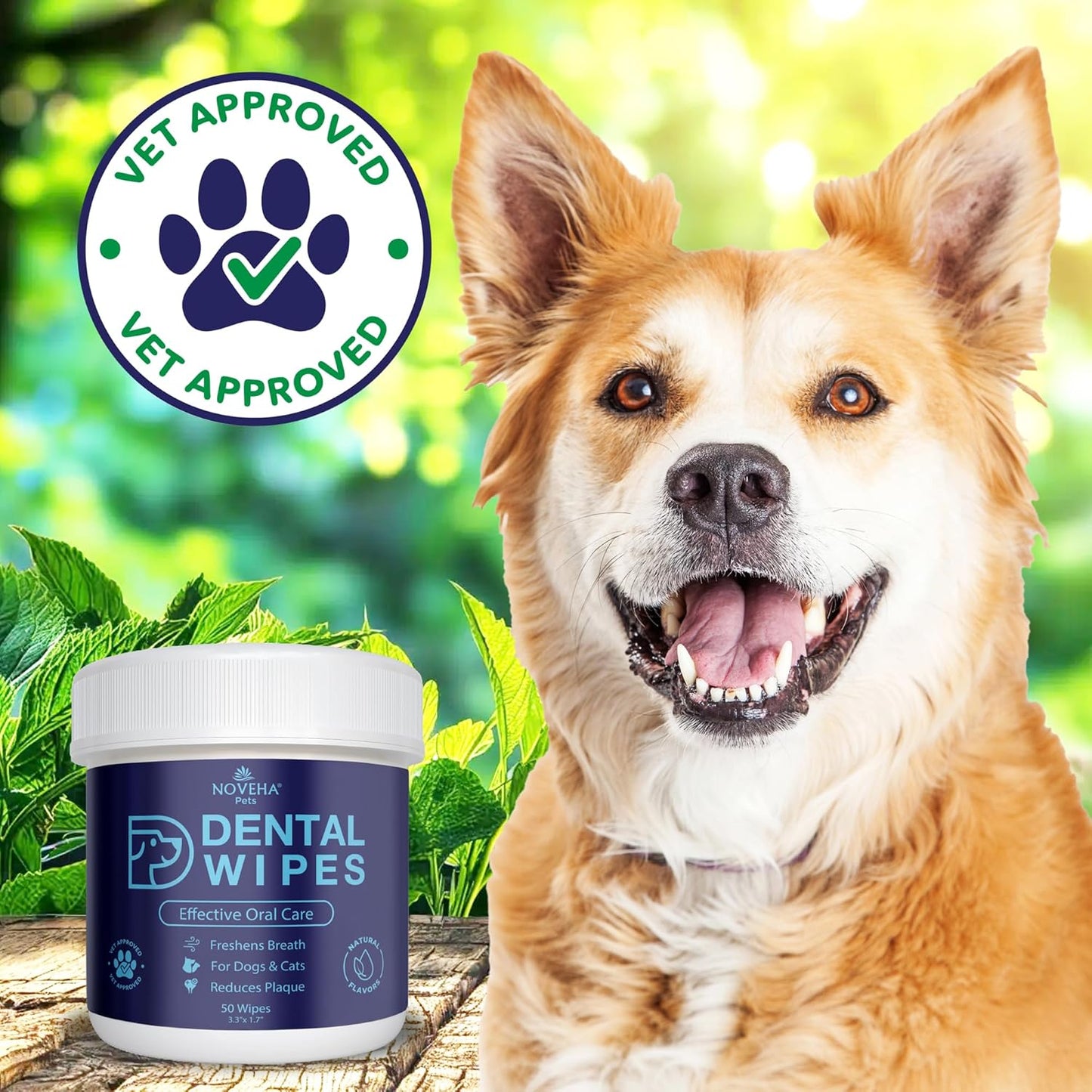 NOVEHA 50PCs Pets Dental Finger Wipes for Dogs & Cats | Freshens Breath, Reduces Plaque | Healthier Gums | Clean Teeth No Toothbrush | Vet Recommended Effective Natural Oral Care | Flavor-Free