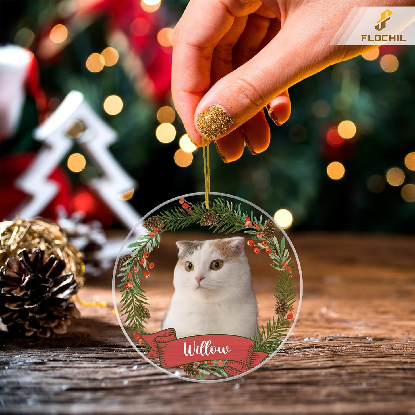 FLOCHIL Personalized Cat Christmas Ornaments Custom Photo Name for Christmas Trees, Cat First Christmas Ornaments, Gifts for Pet Lovers Acrylic Ornament