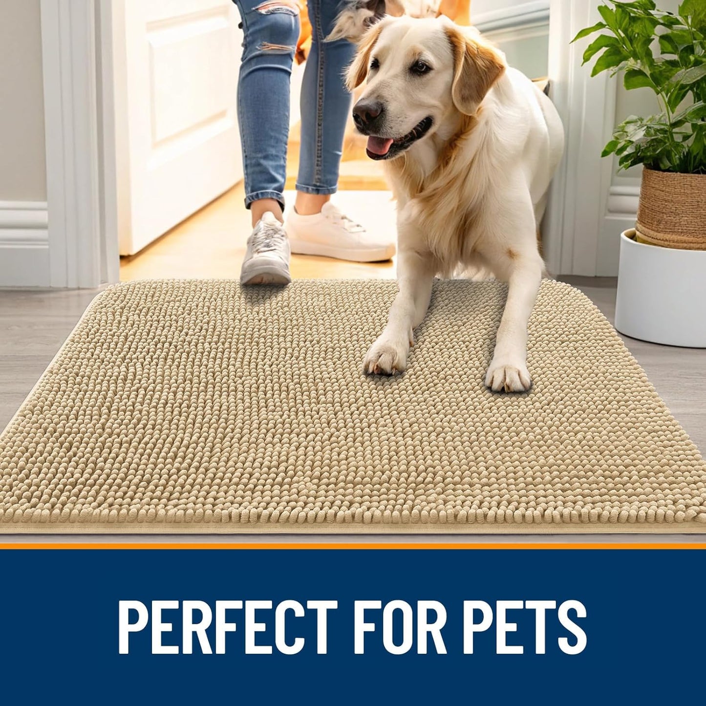 OLANLY Dog Door Mat for Muddy Paws 30x17, Absorbs Moisture and Dirt, Absorbent Non-Slip Washable Doormat, Quick Dry Chenille Mud Mat for Dogs, Entry Indoor Entryway Carpet for Inside Floor, Beige