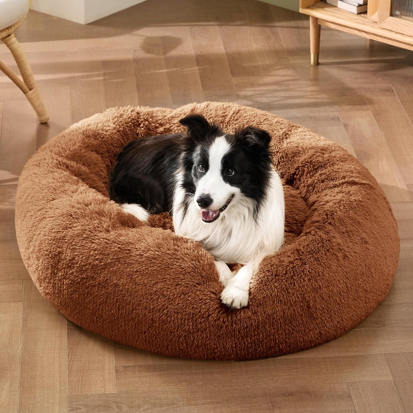 Bedsure Calming Dog Bed for Large Dogs - Donut Washable Large Pet Bed, 36 inches Anti-Slip Round Fluffy Plush Faux Fur Dog Bed, Fits up to 80 lbs Pets, Copper