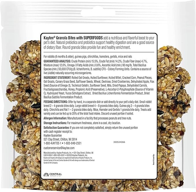 Kaytee Granola Bites with Superfoods Cranberry, Apple and Flax for Rats, Mice, Hamsters, Gerbils, Rabbits, Guinea Pigs and Chinchillas, 4.5 oz
