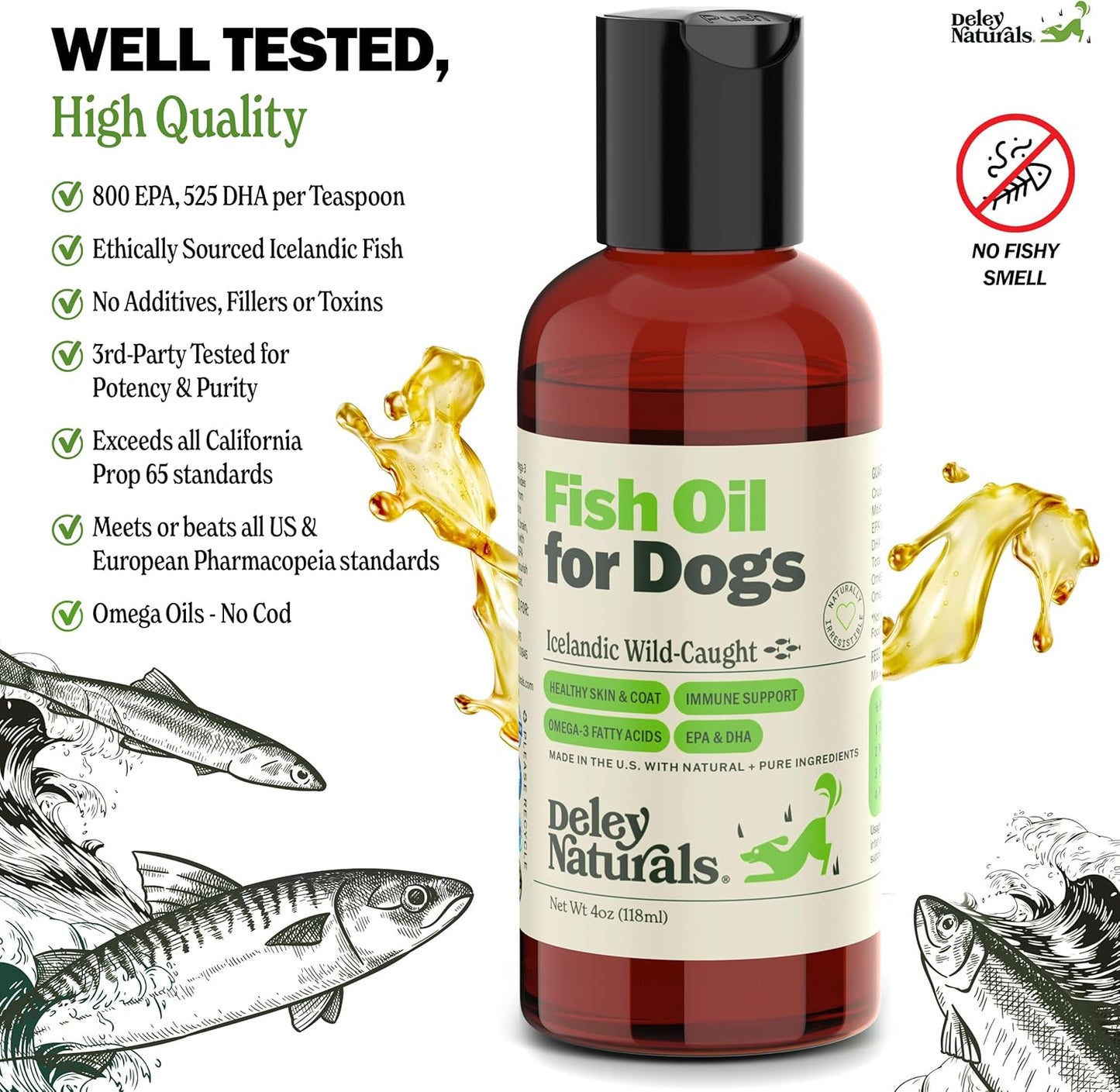 Deley Naturals Dog Fish Oil Icelandic 2X Omega - Dog Itching Skin Relief with Omega 3 6 9 for Allergies, Coat & Heart - Omega 3 Fish Oil for Dogs Skin Irritation - 4oz Omega Oil for Dogs Made in USA