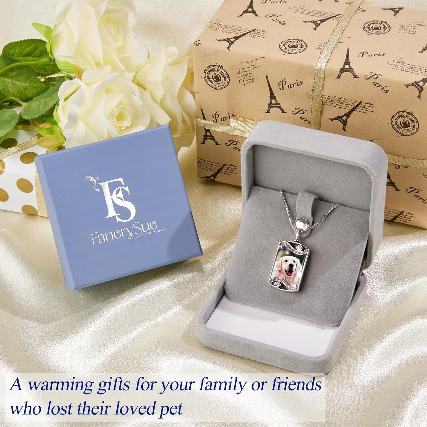 Fanery Sue Personalized Pet Ashes Necklace for Dog Cat Custom Photo&Text Pet Loss Sympathy Gift Cremation Jewelry