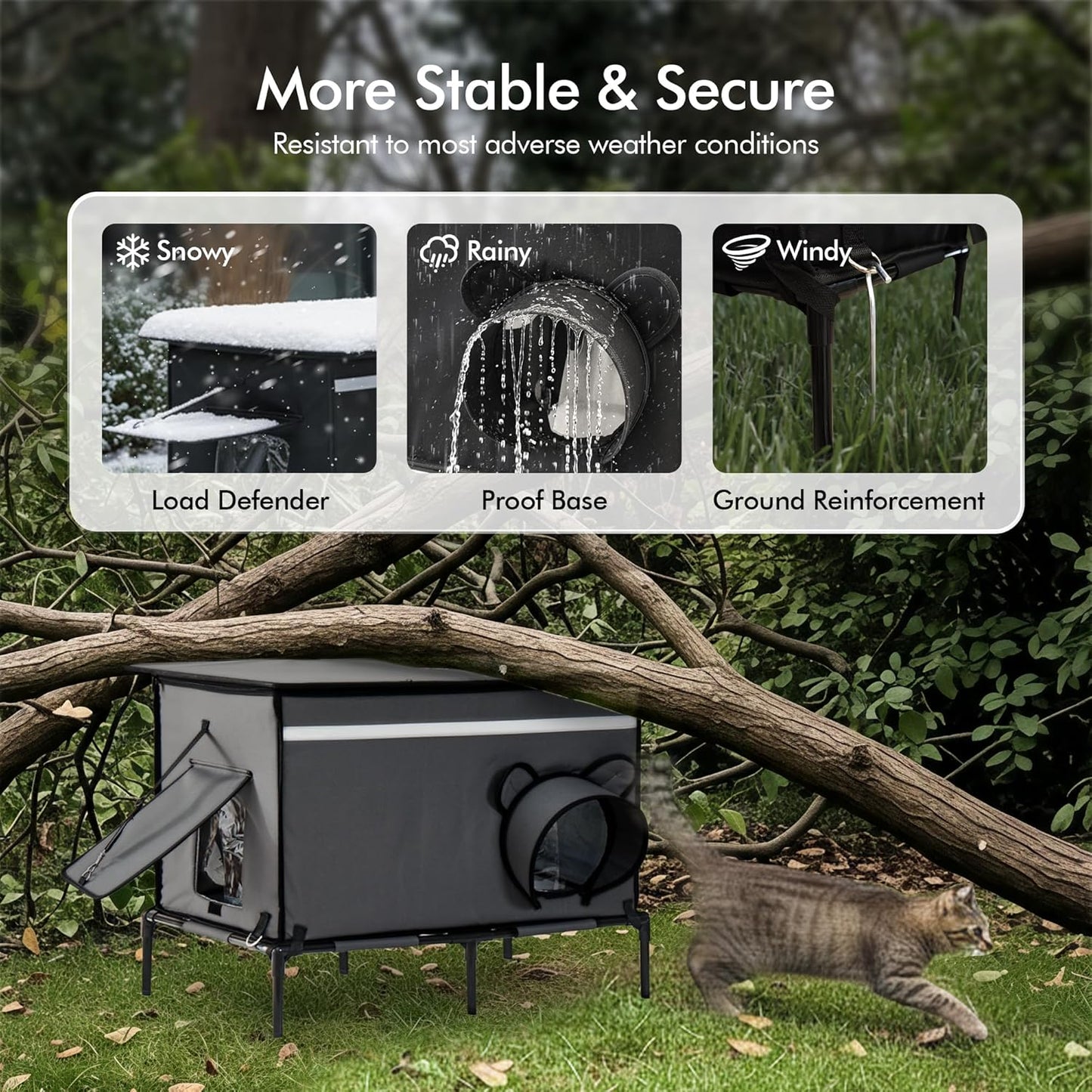 Heated Outdoor cat House for Outside, Weatherproof Insulated Feral Cat Shelter with Timer-Temp Control Heating Pad in Winter, Large Elevated Outdoor Cat House with Zipper, 2 Doors, Safety-Dark Gray