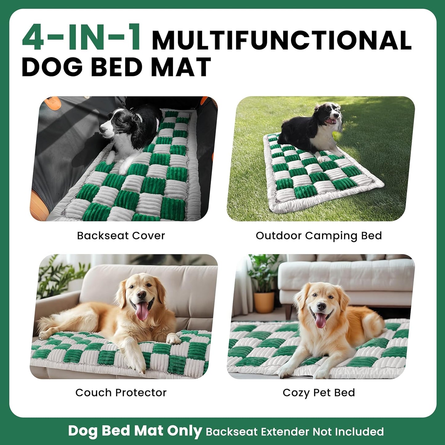 Backseat Dog Bed Mat for Car, Non-Slip Dog Bed for Car Back Seat, Soft & Cozy Dogs Blanket, Washable Travel Pet Mat Seat Protector for Cars, SUVs, Trucks (Green/White, 51.1"L x 23.6"W x 1.5"Th)