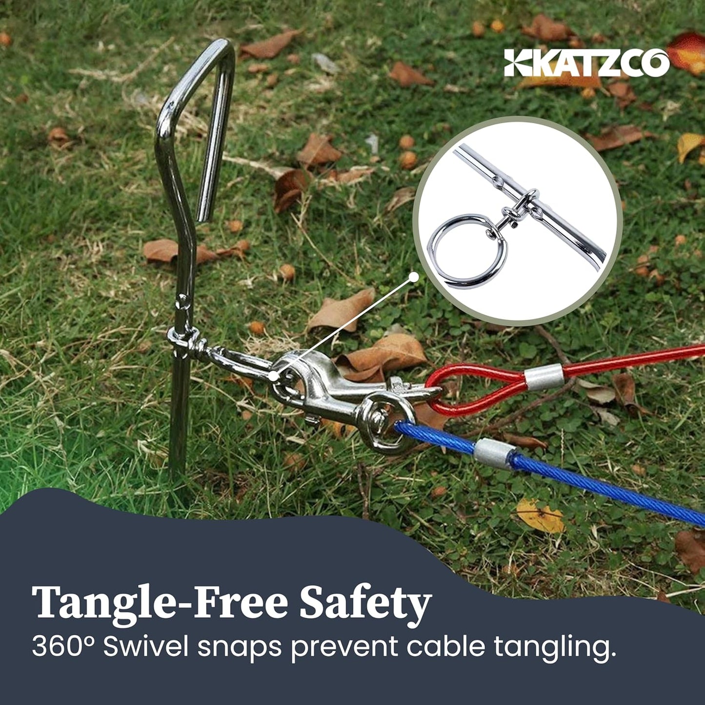 Katzco Dog Tie-Out Stake - Heavy Duty 16" Dog Stakes for Outside, Yard and Camping, Corkscrew Arrowhead Design with Tangle-Free 360 Swivel Hook - Water Resistant Pet Restraint Tool up to 80 lb Dogs