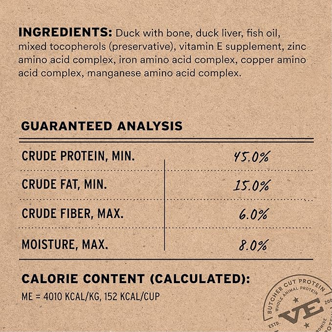 Vital Essentials Freeze-Dried Raw Duck Meal or Mixer Dog Food Soft Nibs | 99% Duck, Organs & Bone | 14 oz