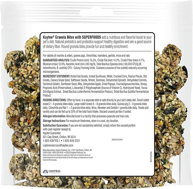 Kaytee Granola Bites with Superfoods Spinach and Carrot for Rats, Mice, Hamsters, Gerbils, Rabbits, Guinea Pigs and Chinchillas, 4.5oz