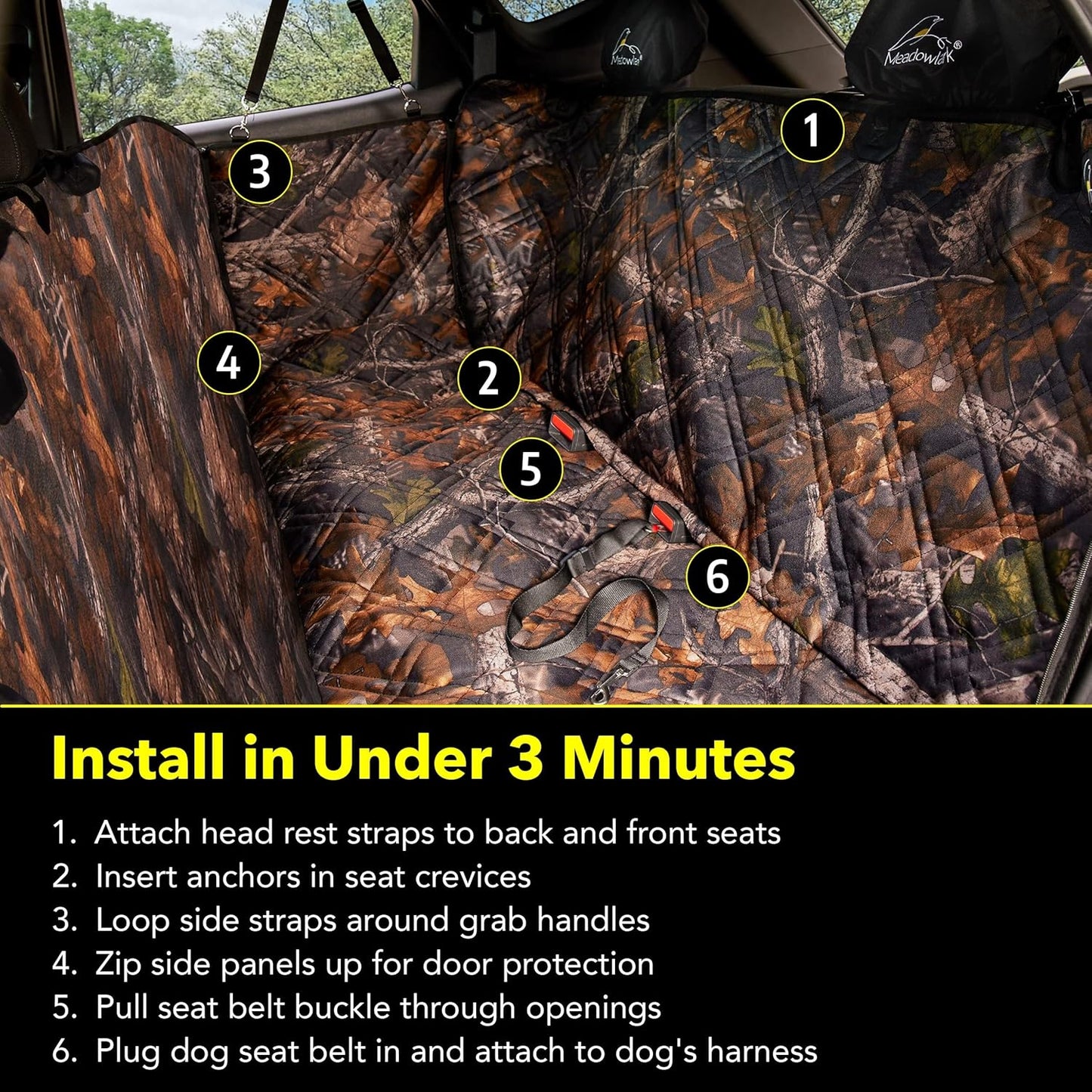 Meadowlark | Premium Hammock Dog Car Seat Cover for Back Seat, Seat Protector, Non-Slip, Dog Stuff, Anti Shock, Water Repellant, Pets, w/Seat Belt, 2 Headrest Covers | L