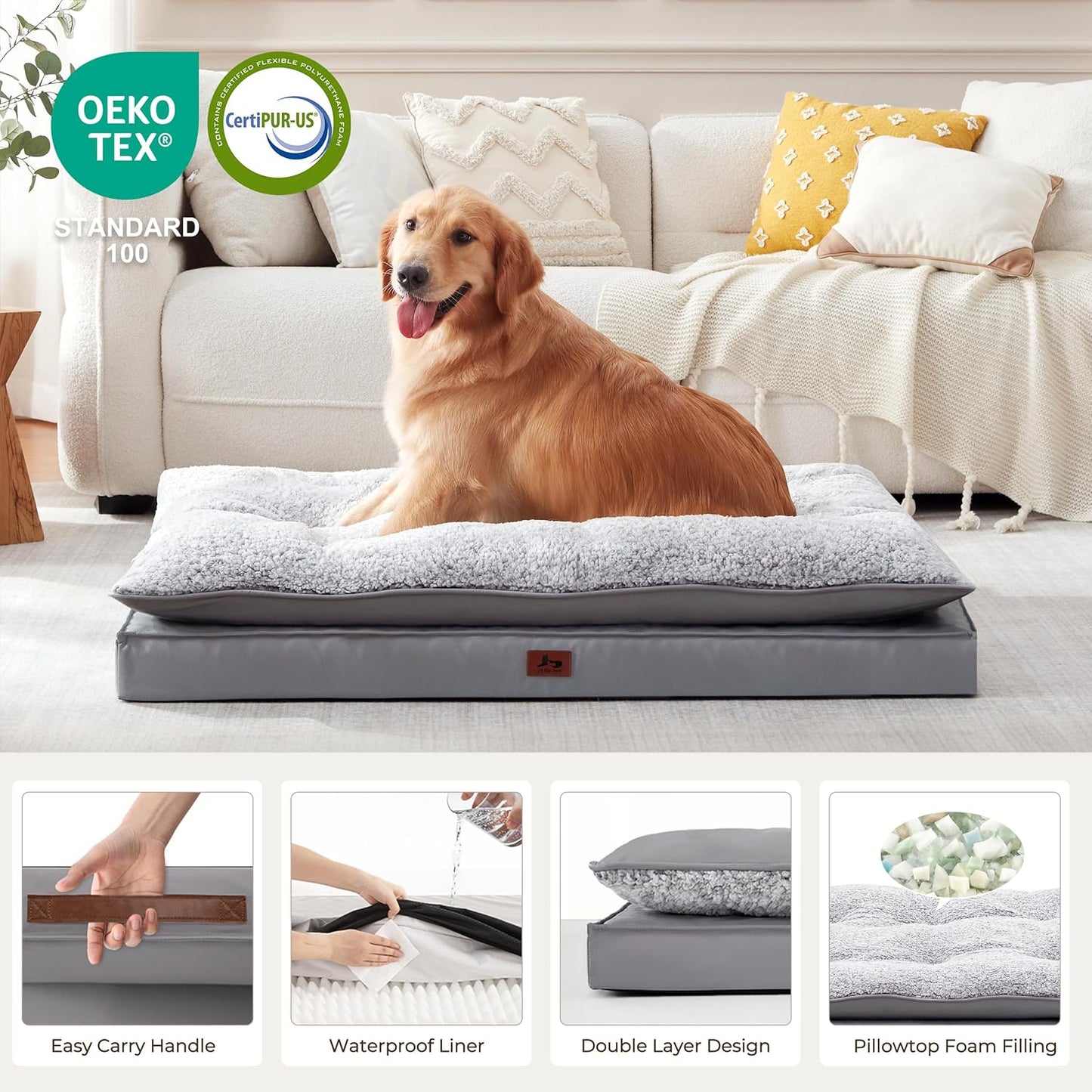 Orthopedic Dog Bed for Ctrate, Waterproof PillowTop Pet Bed for Medium Large Size Dogs, Egg-Crate Foam Dog Crate Mat with Removable Washable Cover, 2-Layers Kennel Pad 55"L x 42"W, Dark Grey