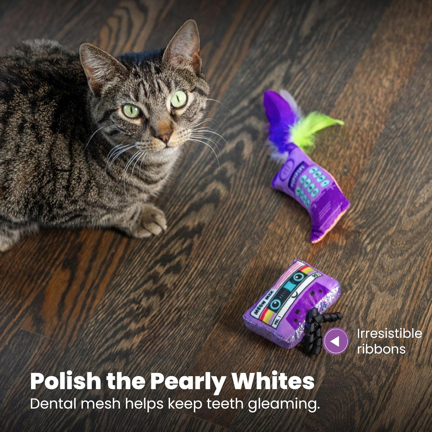 Catstages So Meowsome 90s Cat Toys, 3-Pack Catnip Plush Toys with Crinkle, Feathers & Dental Mesh, Multicolored