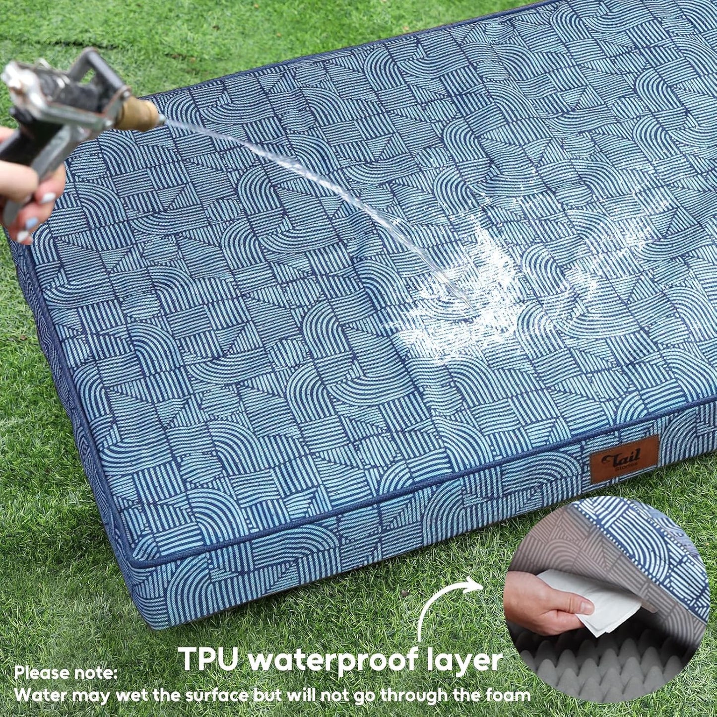 Outdoor Extra Large Dog Crate Bed, Big Waterproof Dog Bed for Large Dogs, Orthopedic Egg Foam XXL Pet Mat with Removable Cooling Cover, White Blue