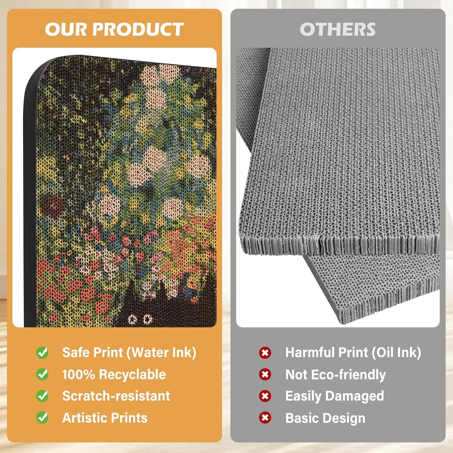 Art Cat Scratcher, Wall-Mountable Cat Scratching Board, Cat Wall Scratcher 16.7x11x1 Inch Cat Scratch Pad and Cat Scratchers for Indoor Cats Toy Furniture Protector(Flower Garden)