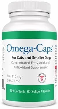 Omega Caps for Cats and Small Dogs Concentrated EPA and DHA Fatty Acid Antioxidant Supplement Vet Formulated Made in USA Skin Coat Joint and Heart Health 60 Softgel Capsules