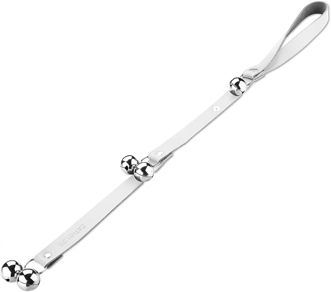 Leather Dog Doorbells for Door Knob/Potty Training/Go Outside, Length Adjustment Copper Dog Bell, Housetraining Hanging Bell, White Leather Silver Bells