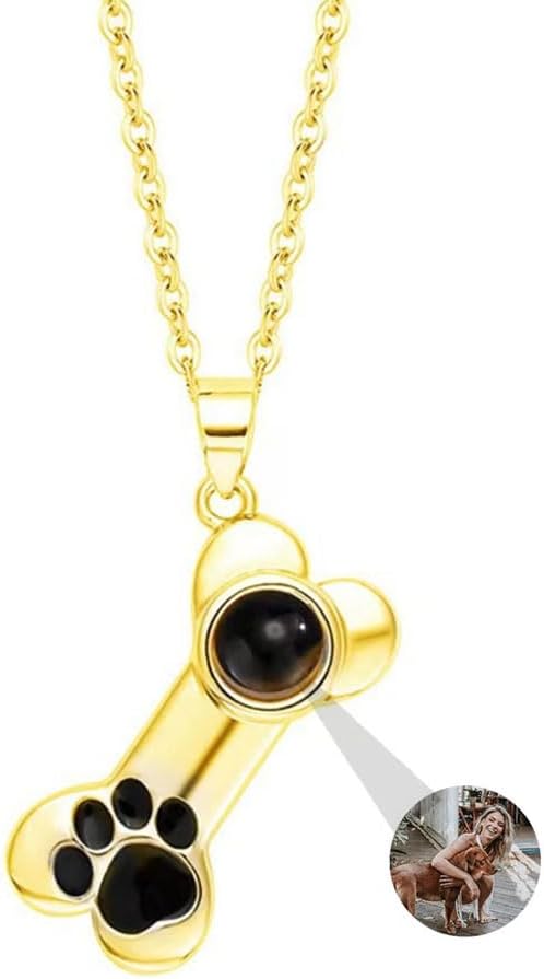 Personalized Photo Necklace Custom Photo Projection Necklaces Dog Bone with Paw Print Pendant Necklace with Picture Inside Pet Dog Cat Memorial Necklace for Pet Lover Women Men