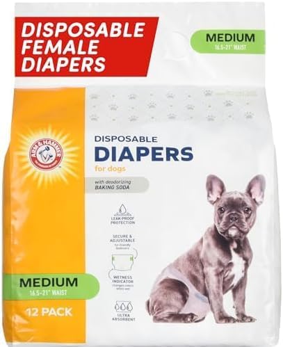 Arm & Hammer Disposable Female Dog Diapers - Adjustable, Leak Proof, Wetness Indicator, Medium, 12 Count (Pack of 6)