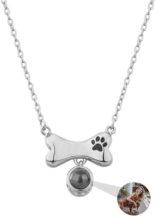 Personalized Photo Necklace Custom Photo Projection Necklaces Dog Bone with Paw Print Pendant Necklace with Picture Inside Pet Dog Cat Memorial Necklace for Pet Lover Women Men