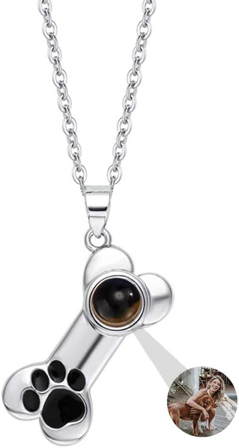 Personalized Photo Necklace Custom Photo Projection Necklaces Dog Bone with Paw Print Pendant Necklace with Picture Inside Pet Dog Cat Memorial Necklace for Pet Lover Women Men
