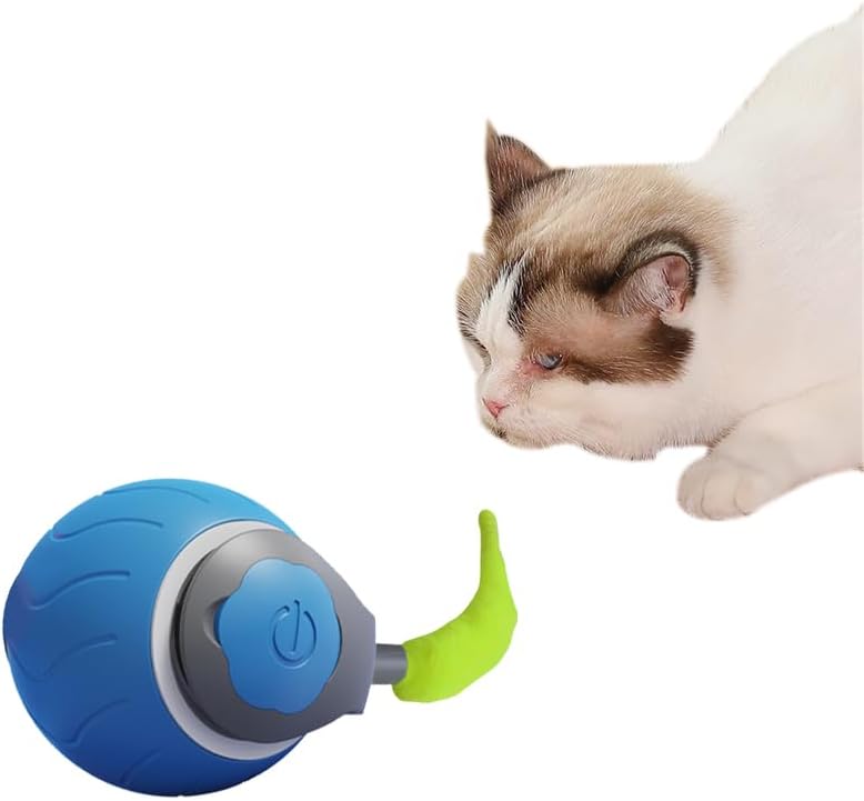 Interactive Cat Ball Toy Set, Three Speed Modes, Automatic Rolling Chase Ball with Fluffy Short Tail and LED Light, A Small Mice, Rechargeable