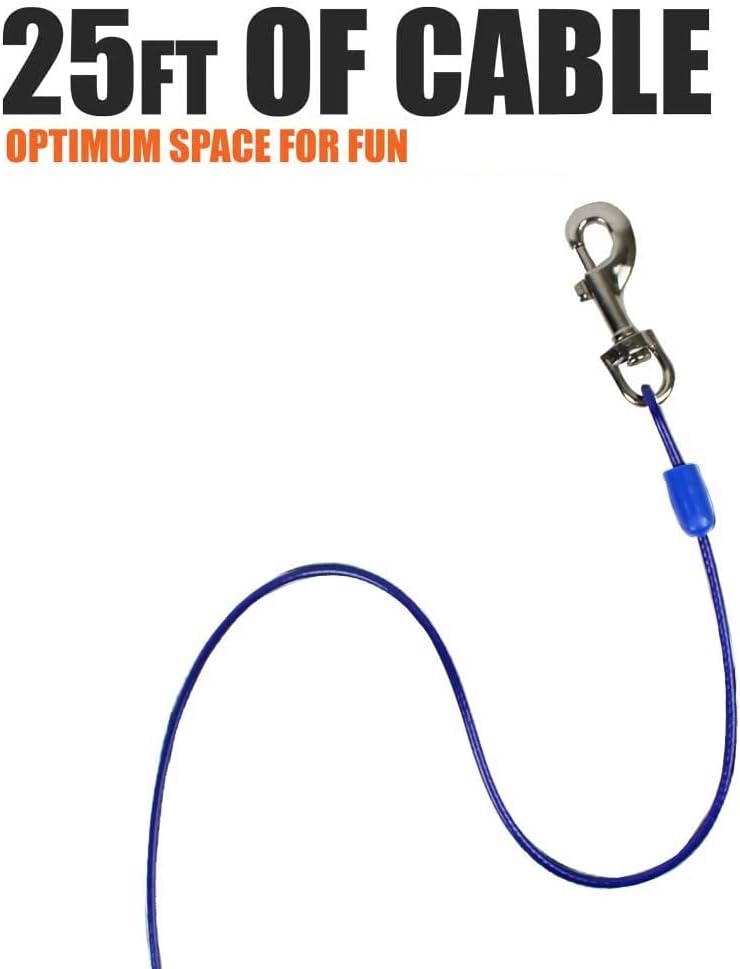 BV Dog Tie Out Cable 25 Feet - Heavy Duty Dog Lead Up to 60 Pounds - Reflective & Rust-Free with Quick Release Swivel Clips & 360° Rotating Clasp - Tangle-Free Dogs Runner for Yard (Blue, Pair)