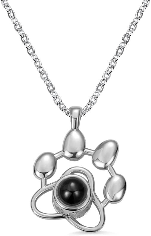 Custom Dog Paw Print Photo Projection Necklace 925 Sterling Silver Personalized Dog Photo Necklace Pet Picture Pendant Memorial Jewelry Loss of Pet Gifts for Women Someone Who Lost Dog