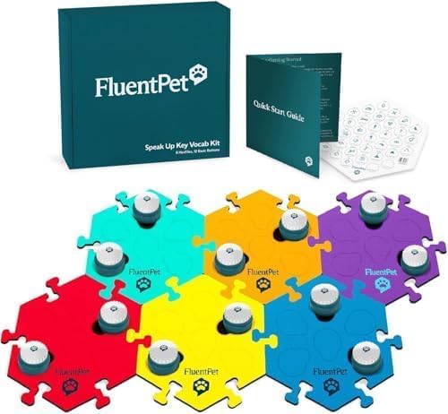 FluentPet Speak Up! Key Vocab Kit with Clearer Upward-Facing Sound - 12 Recordable Buttons w/Pre-Installed Batteries, 6 HexTile Button Mats - Training Dog & Cat Communication Buttons