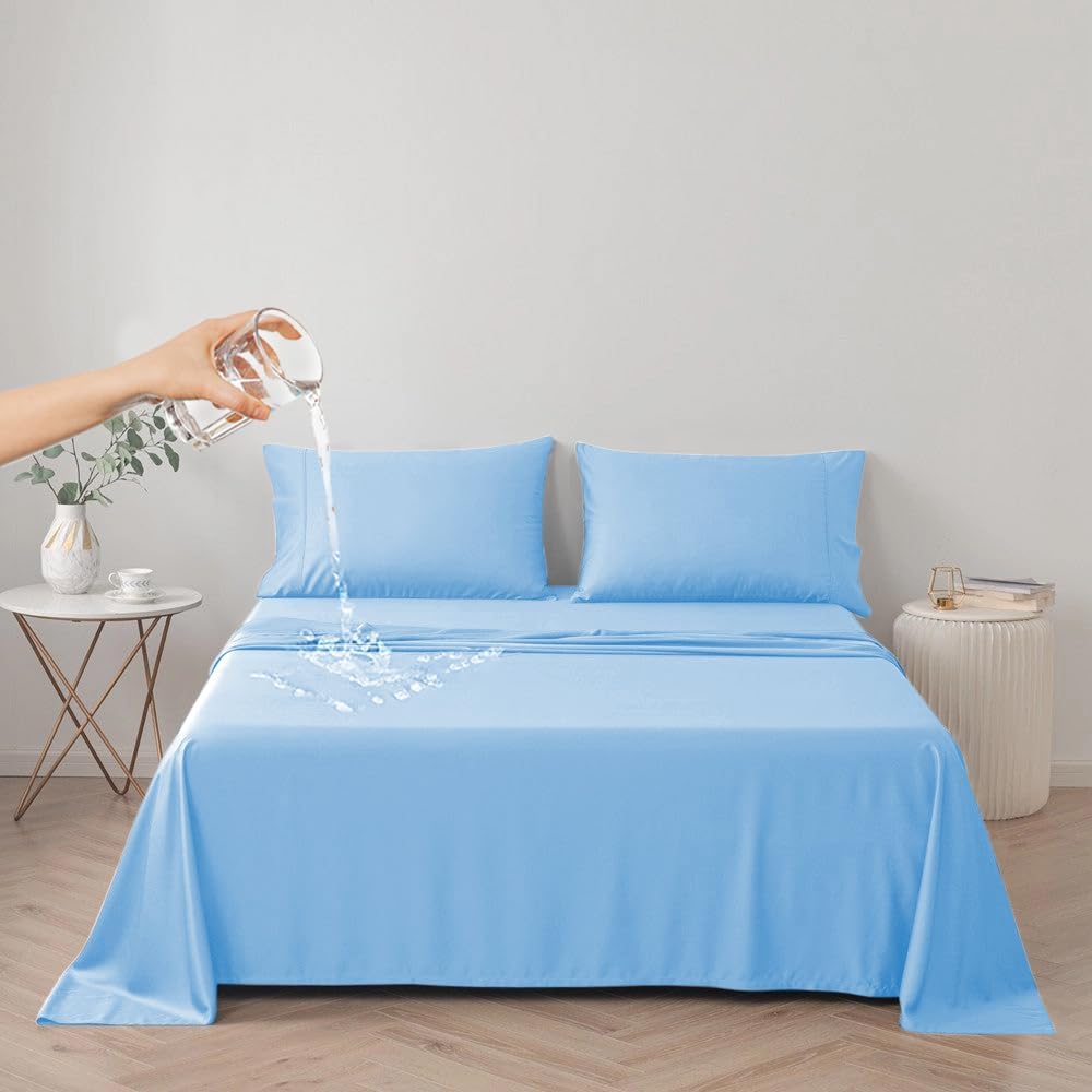 DUJUIKE Waterproof Bed Cover for Dog and Cats,Pet Hair Resistant Bed Sheet Cover, Protective Bed Liner Cover with 100% Waterproof Breathable Thin Fabric (Sky Blue, King 98 * 90 inch)