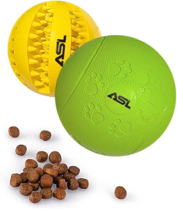 ASL Interactive Dog Treat Ball, 2-Pack Durable Chew Balls for Puppies and Dogs Enrichment Toys for Large Dogs & Small Dogs, Durable Balls for Teeth Cleaning/IQ Training/Chewing