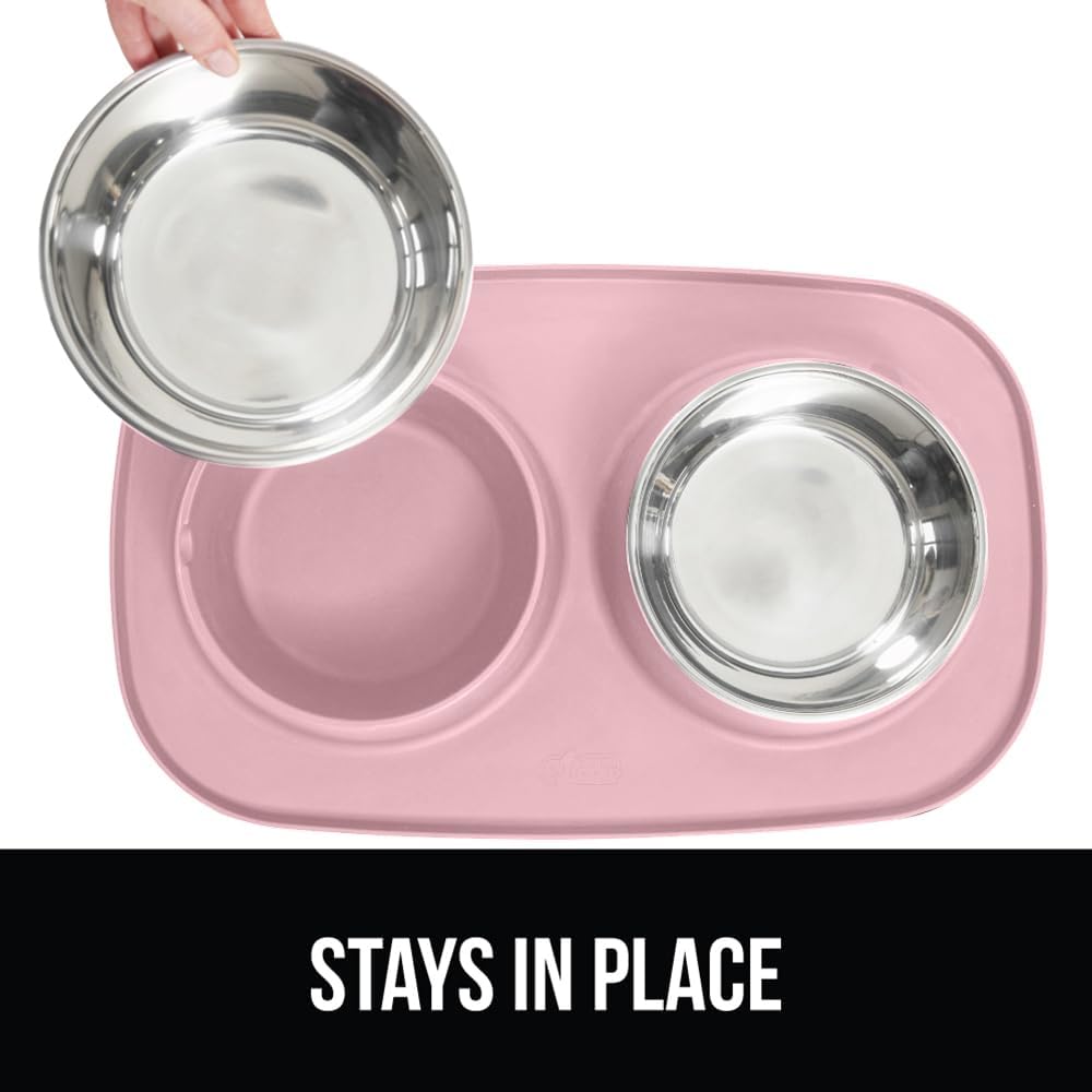 GORILLA GRIP Feeding Mat Set, Patent Pending 100% Waterproof BPA Free Silicone, Stainless Steel Cat and Dog Bowls, Slip Resistant, High Edges Catch Water, Food, US Designed Pet Accessories, 2 Cup Pink