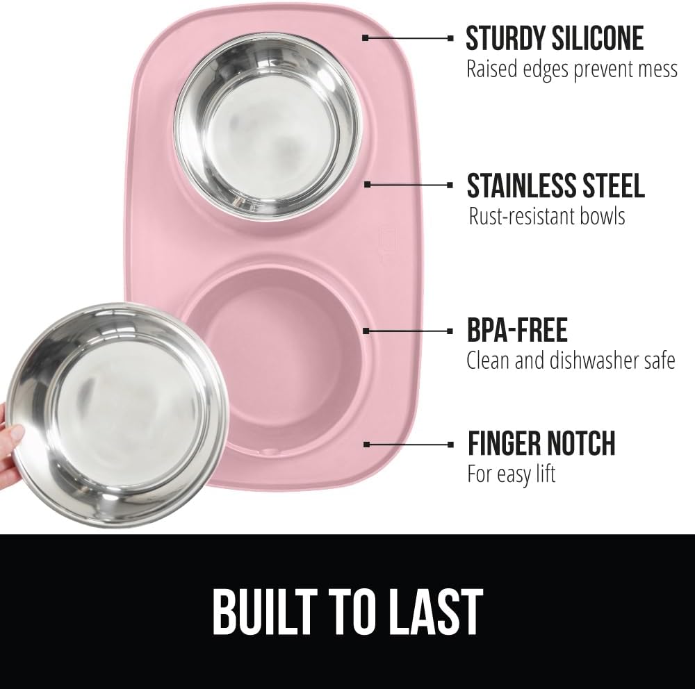 GORILLA GRIP Feeding Mat Set, Patent Pending 100% Waterproof BPA Free Silicone, Stainless Steel Cat and Dog Bowls, Slip Resistant, High Edges Catch Water, Food, US Designed Pet Accessories, 1 Cup Pink