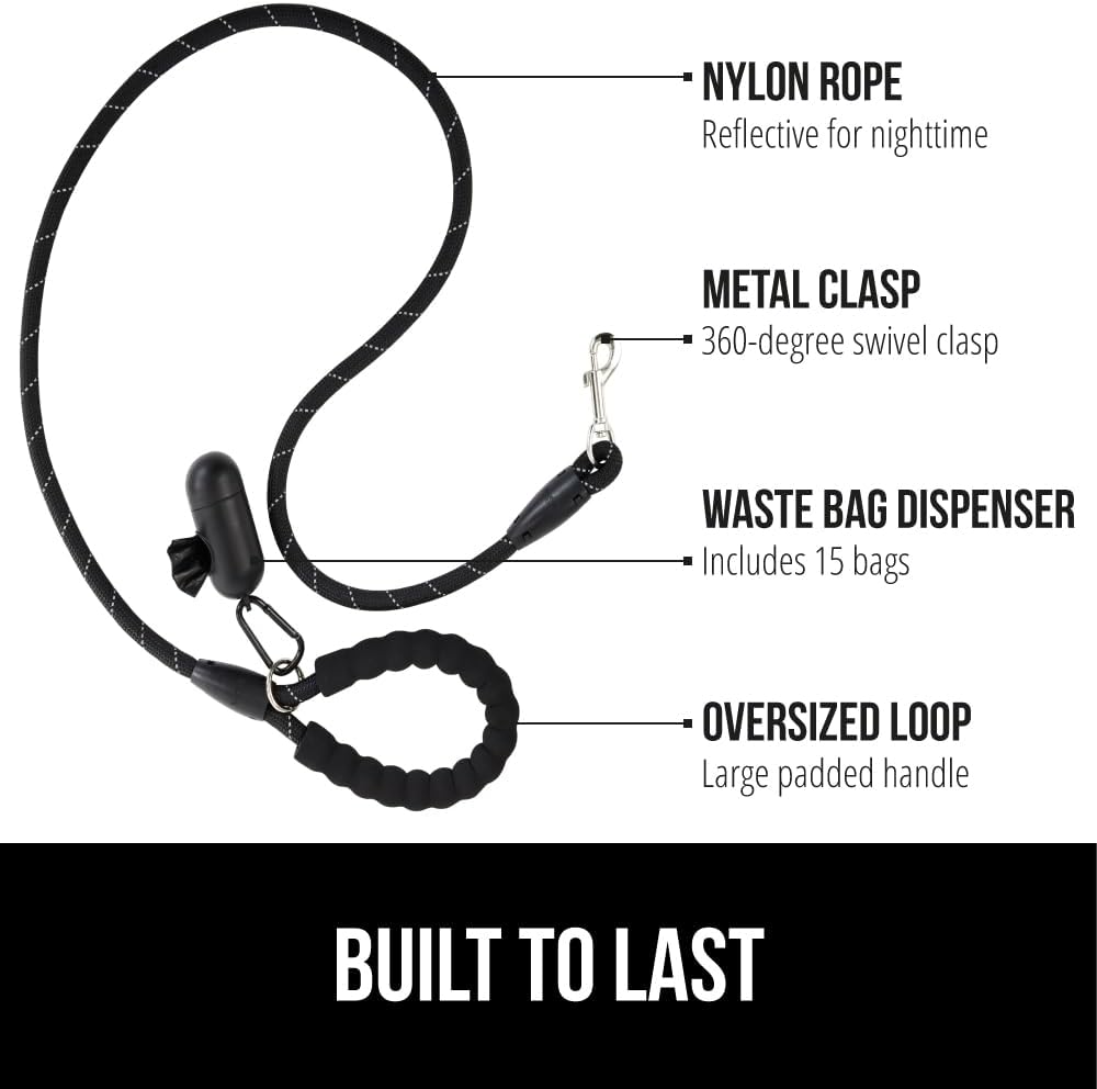 GORILLA GRIP Dog Leash, Heavy Duty Reflective Rope Leashes for Large, Medium, Small Breed Dogs, Puppy Training Essential for Walks, Hikes, Soft Handle, Rotating Metal Clip, Waste Bag Dispenser, Black