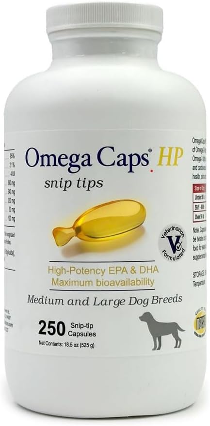 Omega Caps HP Snip Tips for Medium and Large Dogs High Potency EPA and DHA Maximum Bioavailability Fish Oil Supplement Vet Formulated Made in USA Skin Coat Joint and Heart Health 250 Capsules