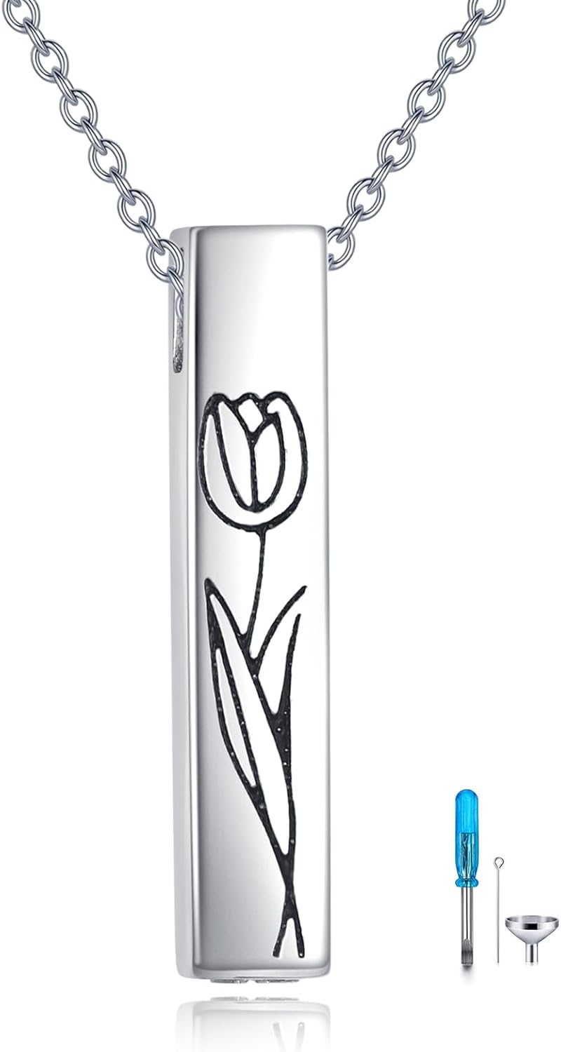 Urn Necklaces for Ashes Sterling Silver 3D Vertical Bar Memorial Pendant for Loved Ones Keepsake Cremation Jewelry Gifts for Women Men