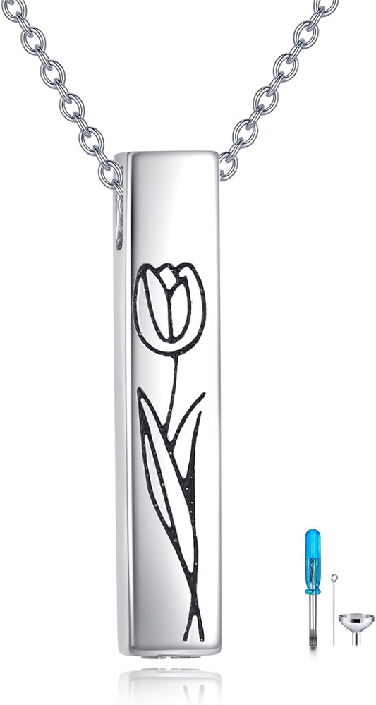Urn Necklaces for Ashes Sterling Silver 3D Vertical Bar Memorial Pendant for Loved Ones Keepsake Cremation Jewelry Gifts for Women Men