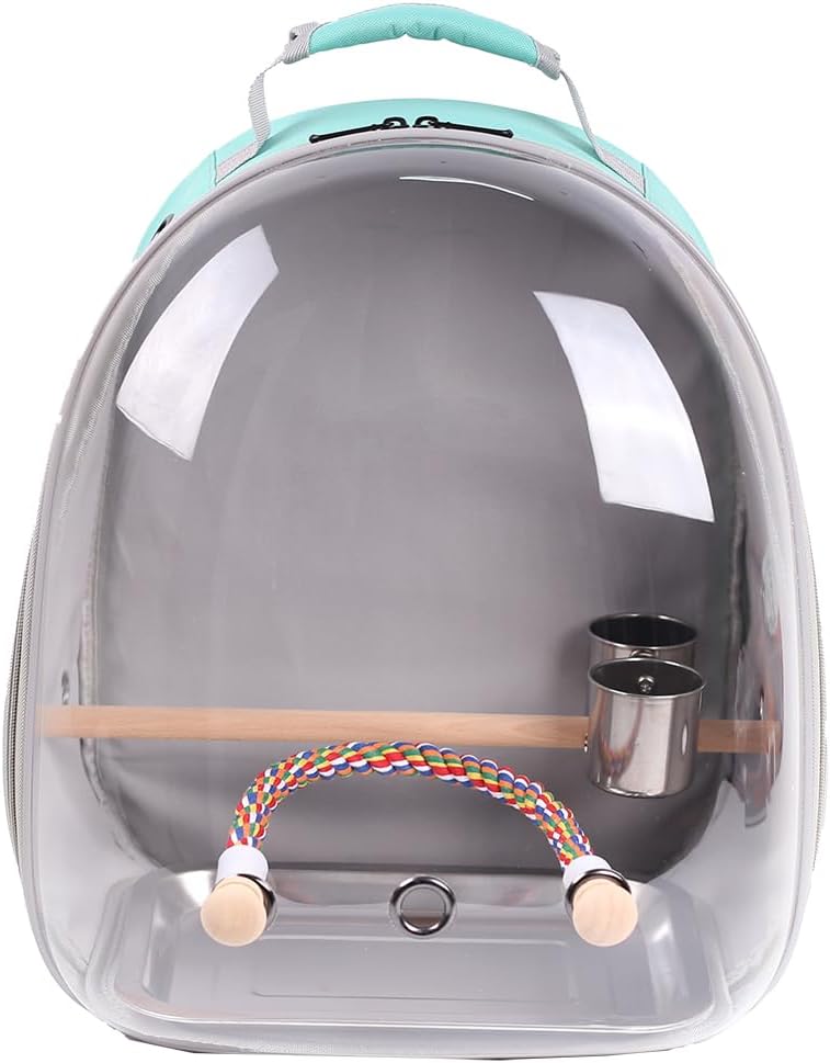 Bird Traval Carrier Cage, Multi Vent Holes Clear Space Capsule Astronaut Backpack to Carry Parakeet Cockatiel Parrot with Metal Tray Wood Perch, Vet Transport Book Bag